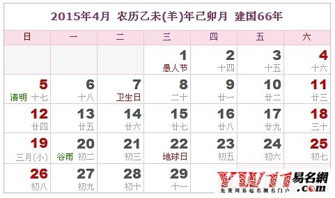 2015年黃歷4月份