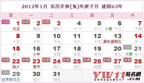 2012年1月農(nóng)歷表,2012年1月日歷表